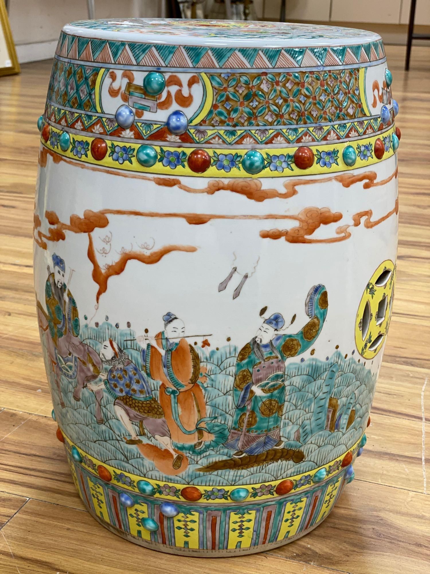 A Canton polychrome-decorated ceramic garden seat, 48cm high